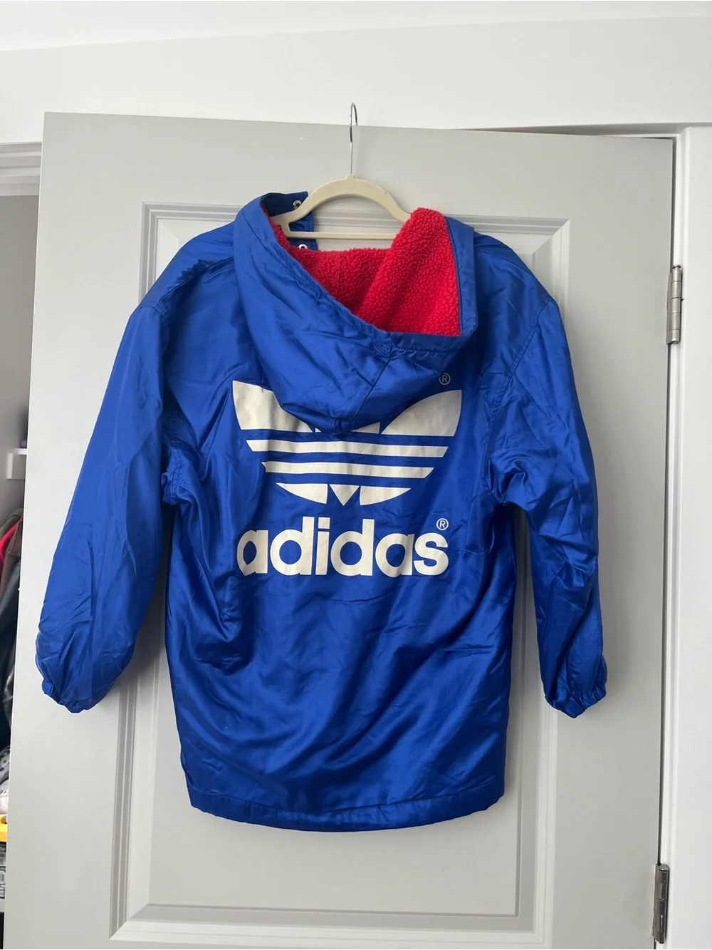 Vintage Men Blue Adidas Jacket with red fleece lining